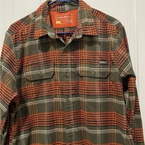 Eddie Bauer Men's Plaid Button-Up Shirt Long Sleeve Green Orange Size Large